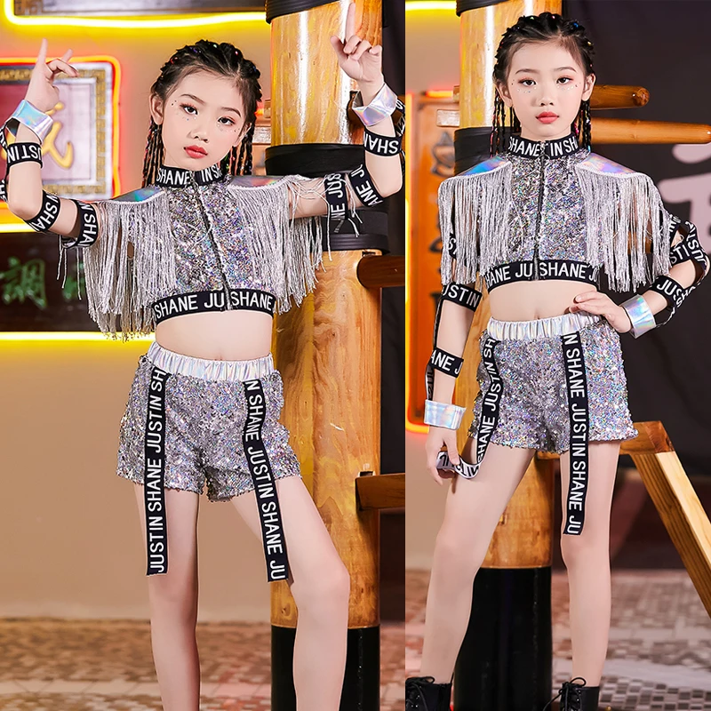 

Jazz Street Dance Hiphop fashionable Tassel costumes Kids Girls Jazz Tops Hip Hop Catwalk Jazz Outfits Suits Halloween Clothes