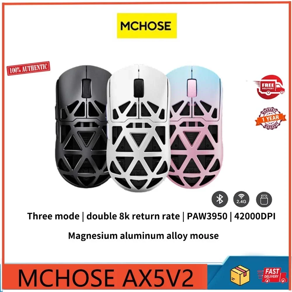 

Трехрежимная беспроводная игровая мышь Mchose Ax5V2 из магниевого сплава, Paw3950, двойная скорость 8K, 42000 точек на дюйм, 53 г, легкая игровая мышь для киберспорта