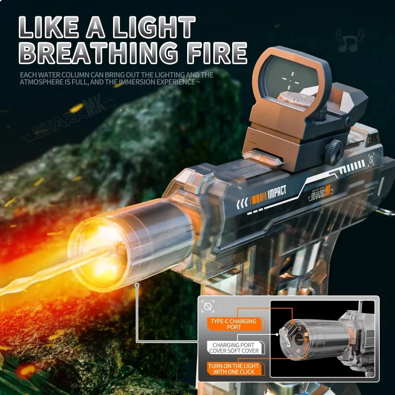 UZI Electric Water Gun with Light Up Toys for Kids Summer Outdoor Shooting Game Toy Powerful Children Automatic Water Squirt Gun