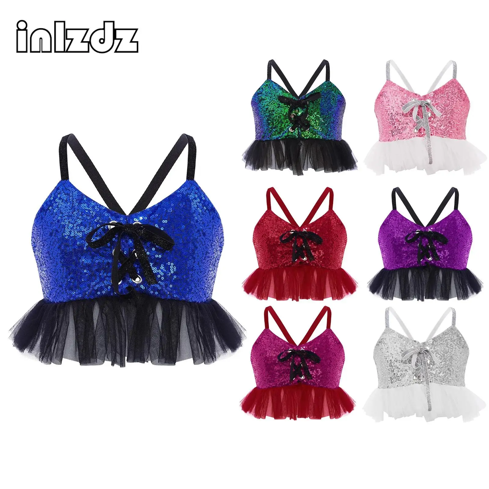 

Kids Girls Jazz Hip Hop Dance Performance Clothes Tulle Ruffles Glittery Sequins Camisole Spaghetti Straps Crop Top Dancewear