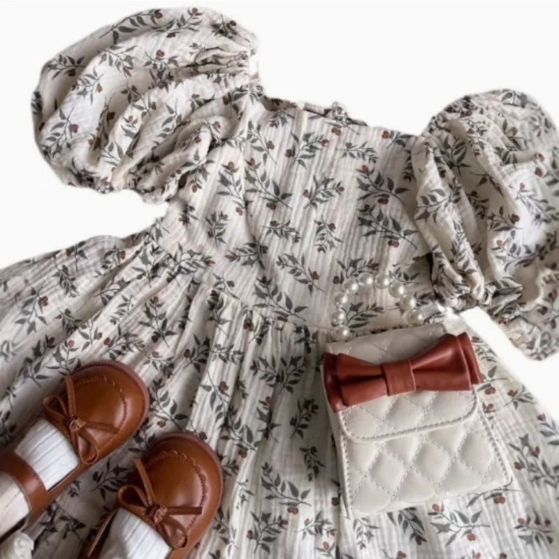 Russian spring and summer girls' floral cotton and linen bubble sleeve lace up dress, children's A-line skirt