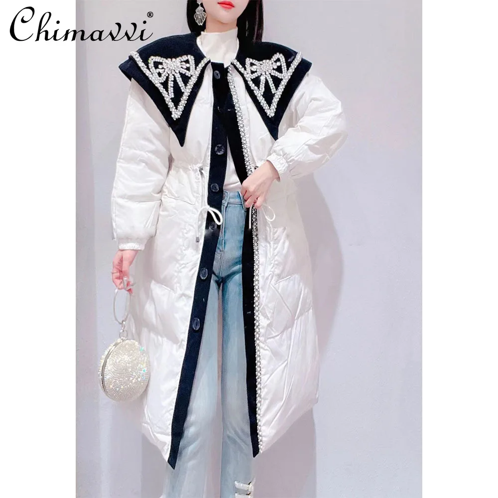 

Jacket Women's 2023 Winter New Korean Style Sweet Heavy Rhinestone Doll Collar Mid-Length White Duck Down Warm Elegant Coats