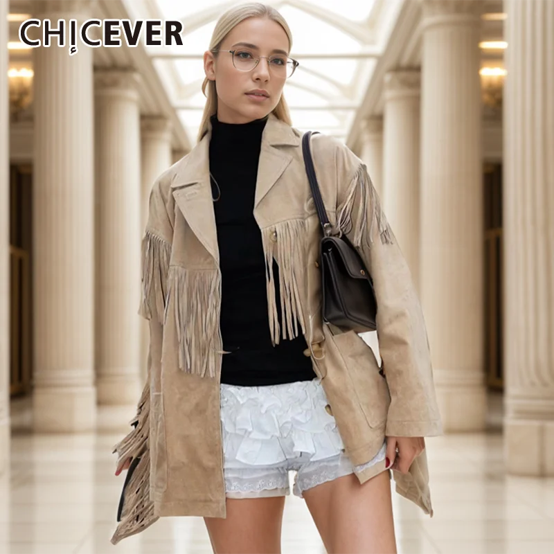 CHICEVER Streetwear Vintage Patchwork Tassel Women's Jackets Lapel Long Sleeve Spliced Single Breasted Solid Coat Female Clothes