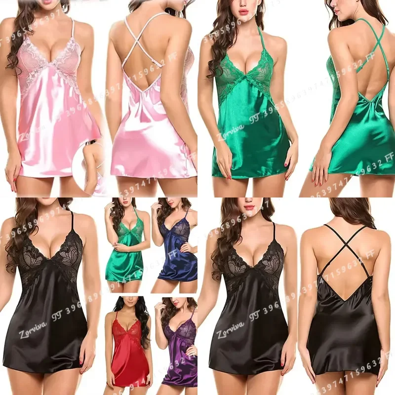Sexy Lace Satin Nightdress Lingerie Set Erotic Babydoll Pajamas Exotic Sleepwear Hot Costume for Women