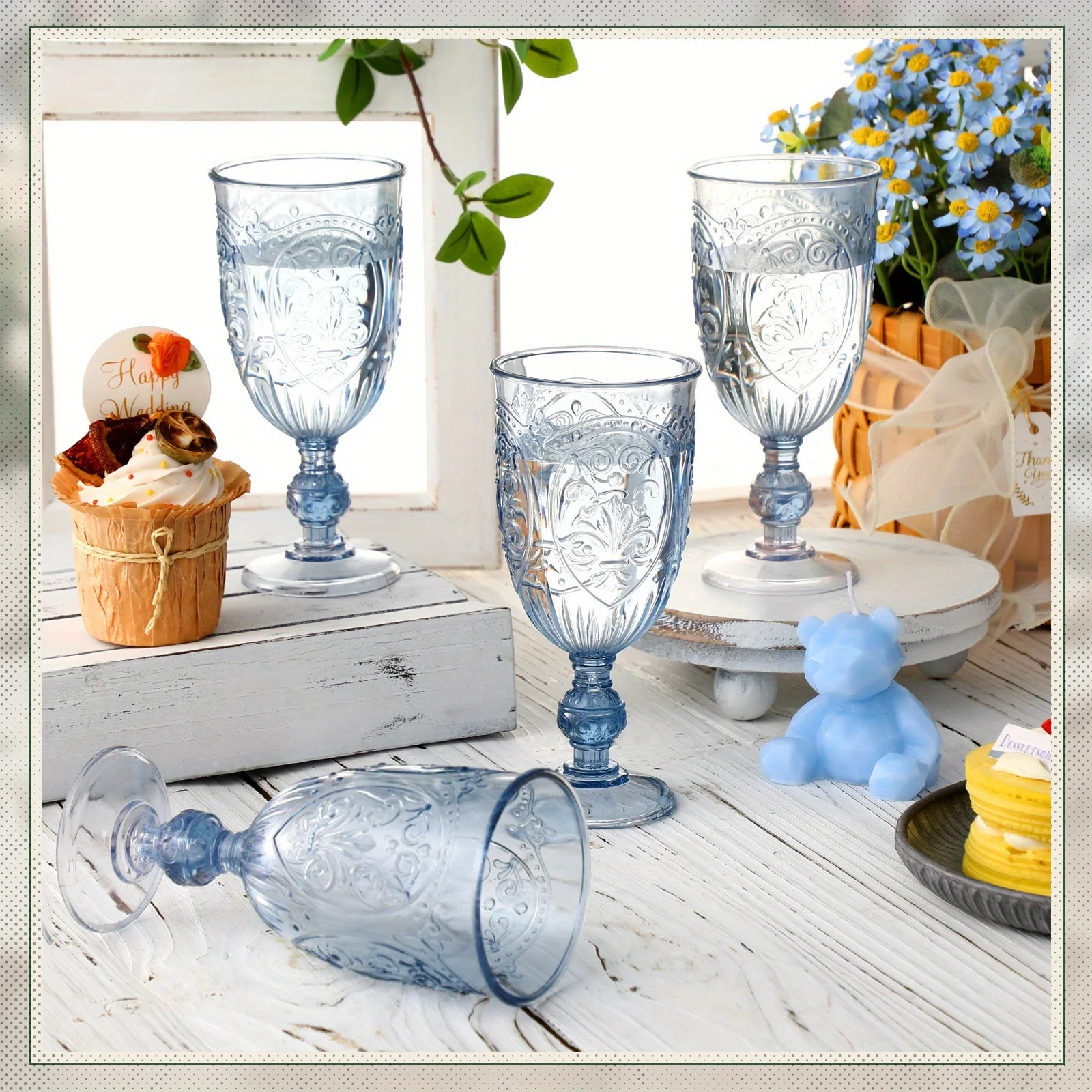

48pcs Blue Vintage Embossed Plastic Goblets - Reusable Retro Wine & Water Glasses Suitable for Weddings, Baby Showers, Parties - Hand Wash Only, Elegant Tableware for Juice, Champagne, (48 Count)