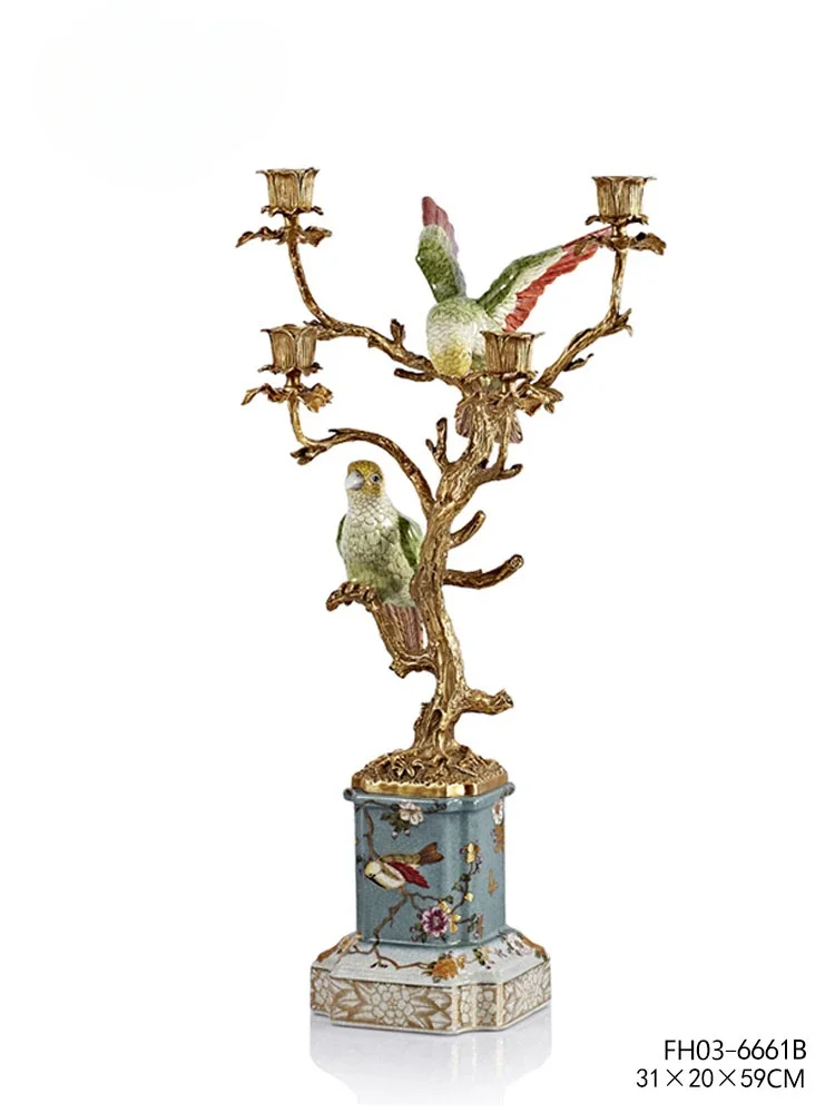 Retro-European French copper with porcelain green parrot candlestick restaurant luxury decoration home decoration