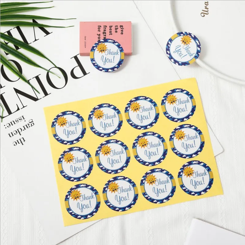 120pcs/pack cute blue round stickers sun pattern Thank you sealing stickers snack packaging