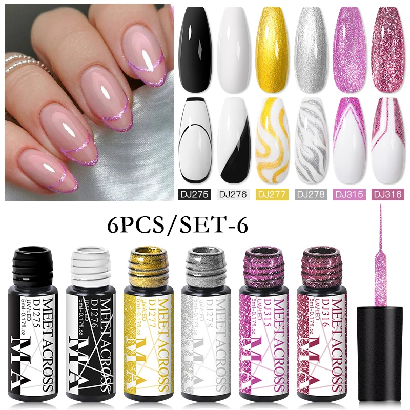 

MEET ACROSS 6Pcs/Set Glitter Line Gel Nail Polish White Black Pink Nail Art Liner UV Gel DIY Painting Drawing Varnish For Nails