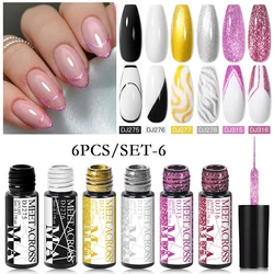 MEET ACROSS 6Pcs/Set Glitter Line Gel Nail Polish White Black Pink Nail Art Liner UV Gel DIY Painting Drawing Varnish For Nails