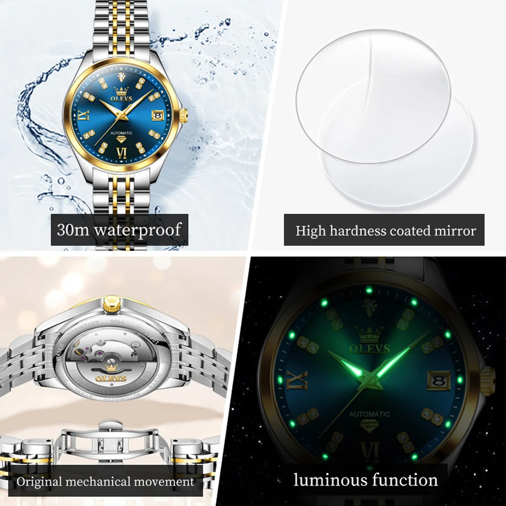 OLEVS 9801 Orologio da donna Orologio meccanico automatico impermeabile alla moda di lusso Set di orologi da donna con data di diamanti in acciaio inossidabile