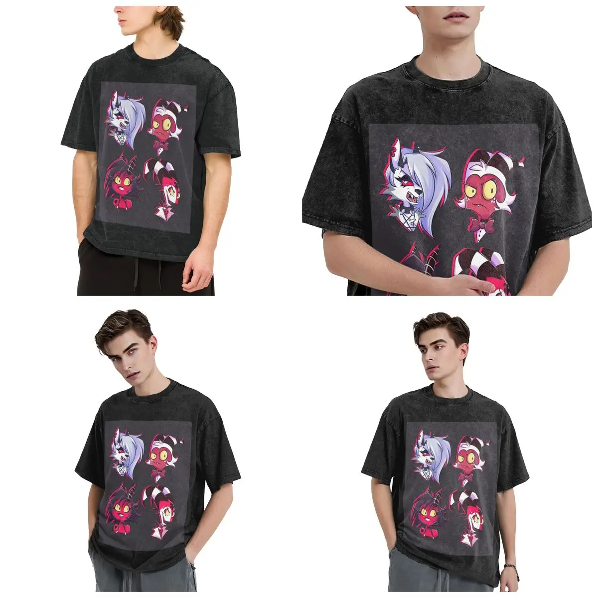 Streetwear T-Shirts Loona Collage Helluva Boss Anime Washed T Shirt Short Sleeve Hip Hop T-Shirt Tops Tees for Men Women