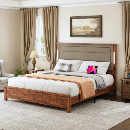 

King Size Bed Frame with Upholstered Headboard, King Bed Frame with Charging Station and LED Lights, Wood Slats