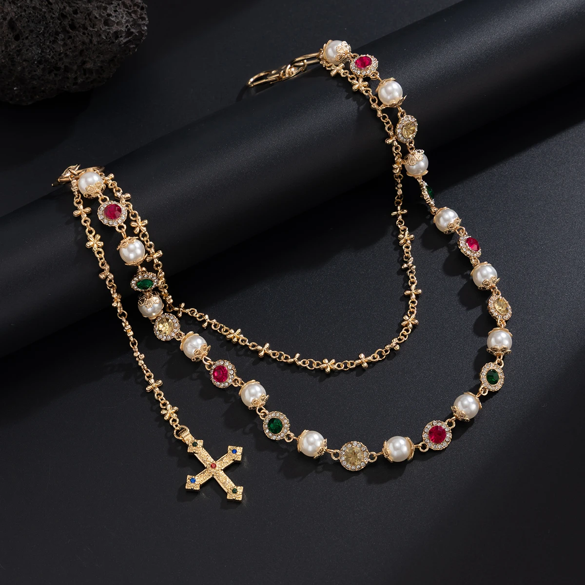 Salircon Exquisite Luxury Cross Pendant Imitation Pearl Keychain Belt Chain Men Women Punk Trousers Jeans Chain HipHop Jewelry image 4