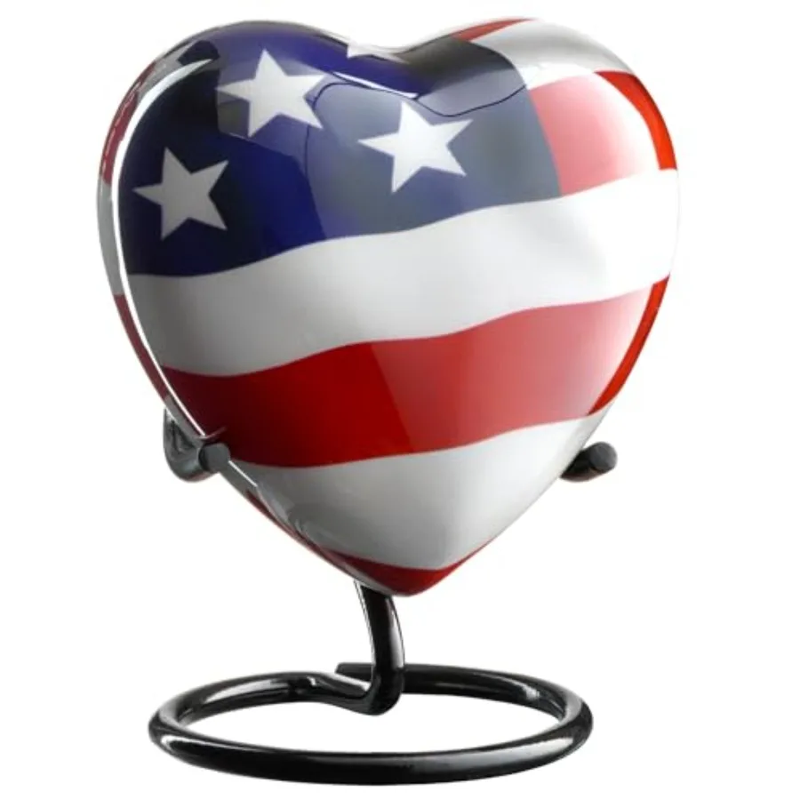 

American Flag Heart Urn Keepsake - Small Heart Cremation Urn with Stand and Box - Patriotic Mini Urn for Veteran Police Army He