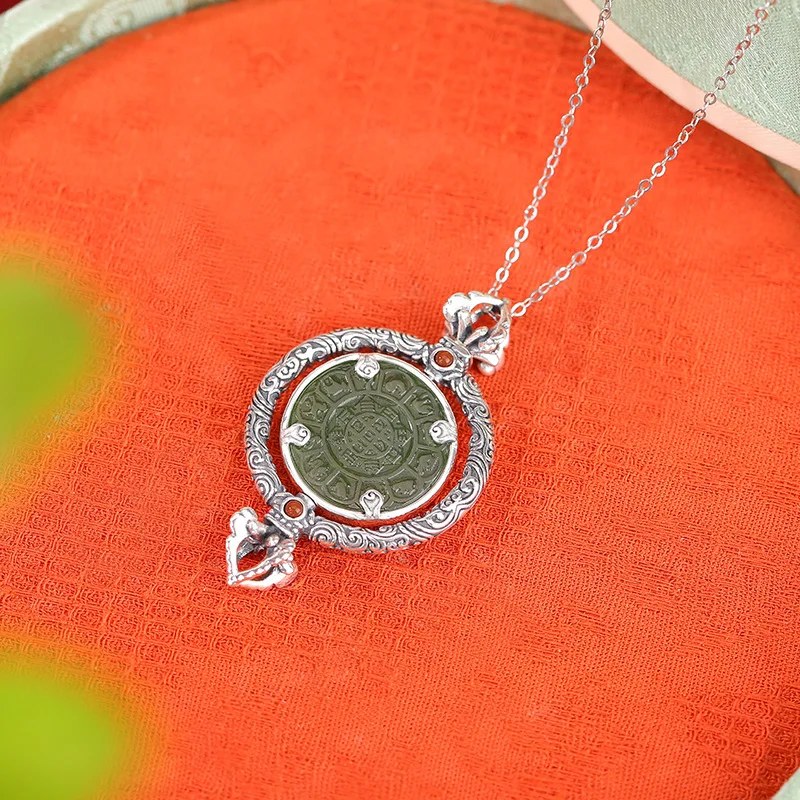 Natural Hetian S990 Silver Jade Nine Vajra Pendant with Rotatable Eight-Trigram Design