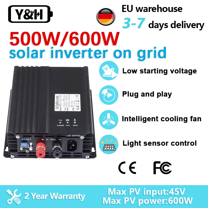 

Y&H 500W 600W Ongrid Solar Inverter 24V 220V Full Sine Mppt Solar Network Inverter plug and play 12v DisCharge Adjustable Output