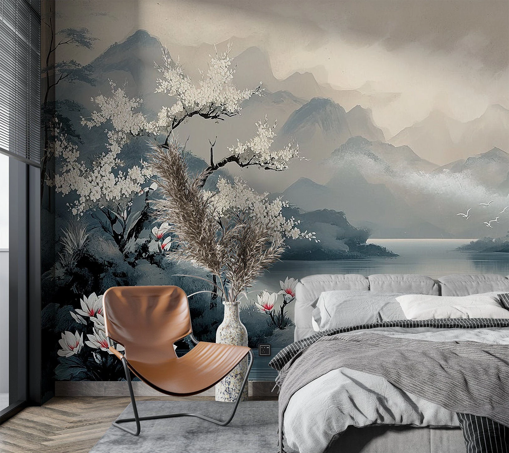 Vintage Chinoiserie Mountain Lake Floral Wall Mural Ink Painting Wallpaper Peel and Stick Removable for Bedroom Living Room