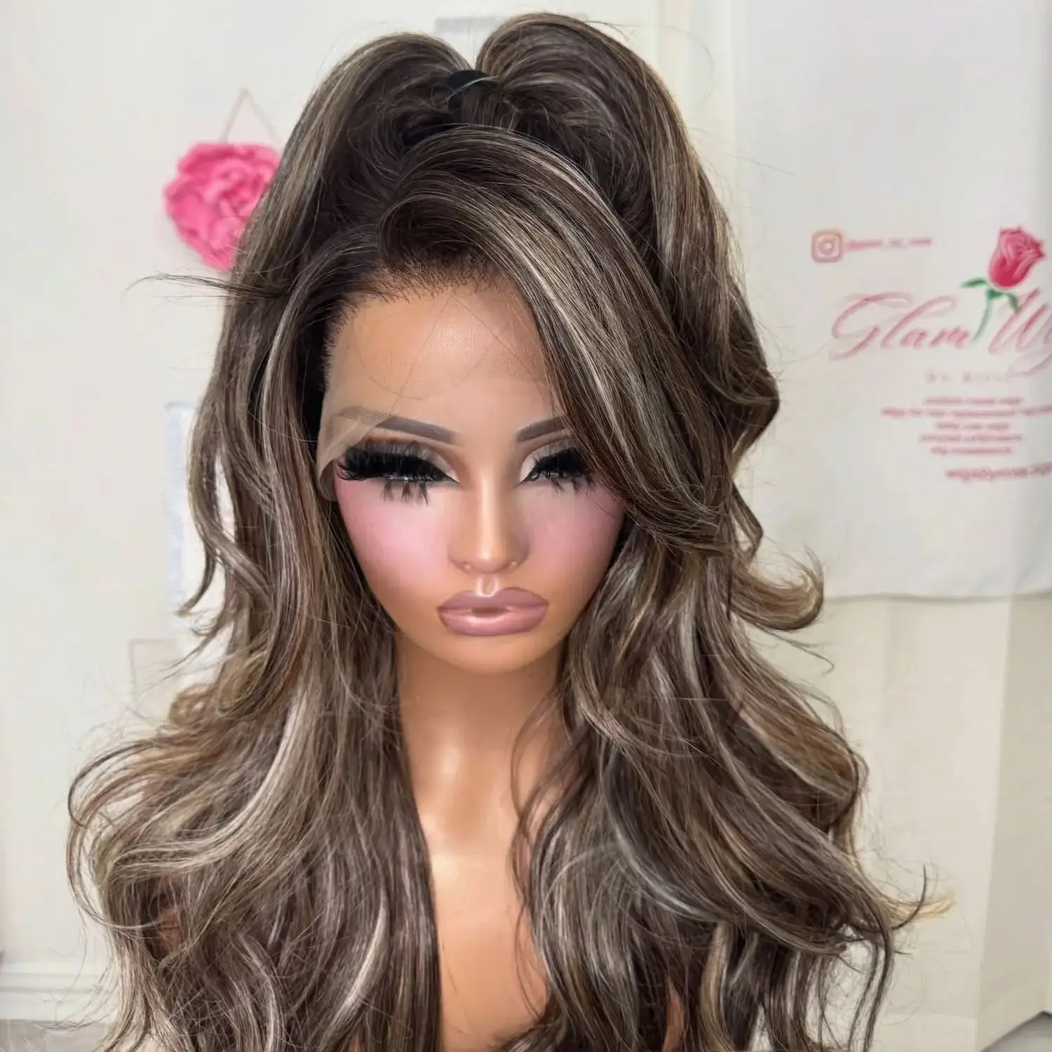 

28 Inches Dark Wig Highlights Balayage Synthetic Lace Frontal Wigs Brunette 13*4 High Definition Wig Realistic Look Hairline Wig