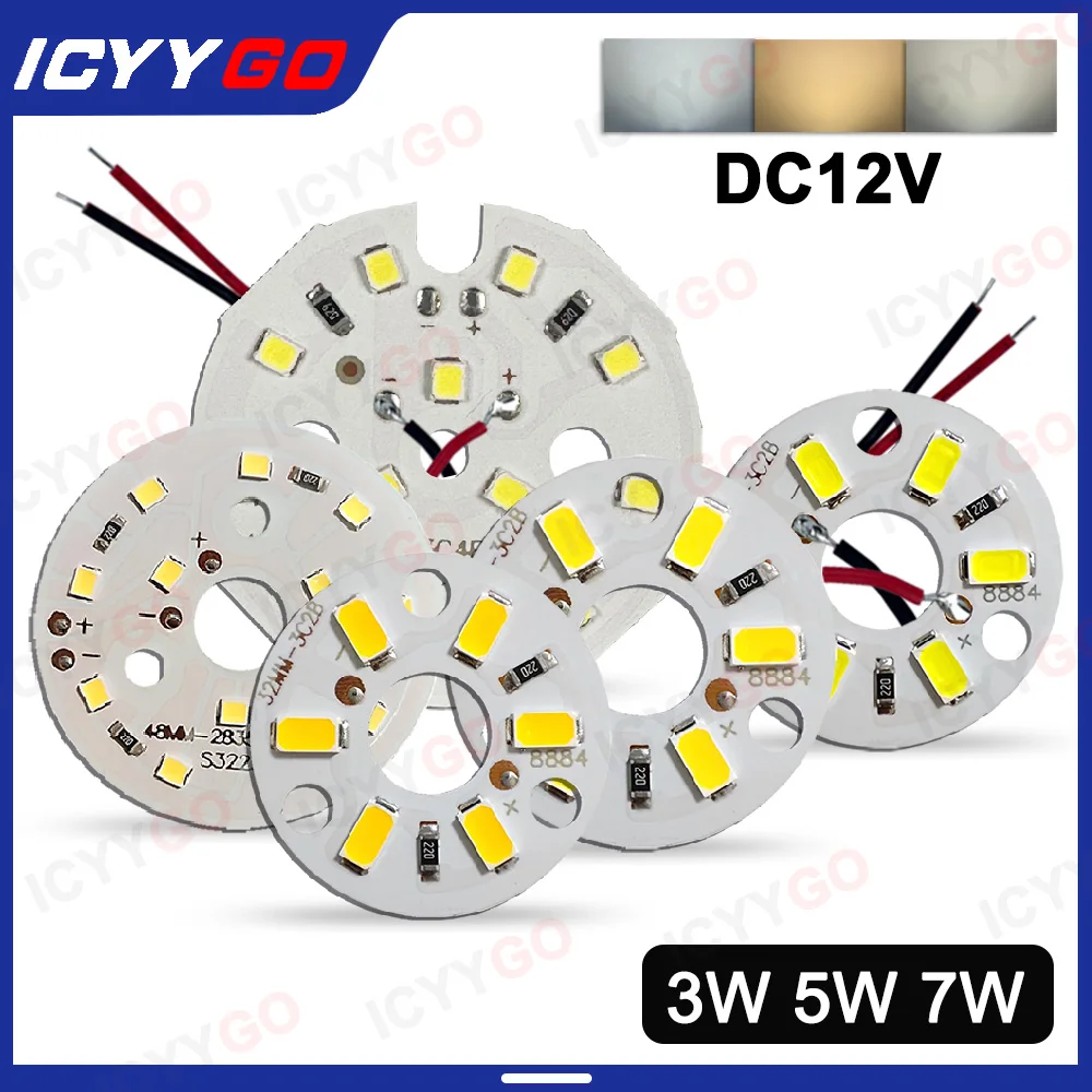 LED Light Board DC12V 1W 3W 5W 7W Natural Warm White Light SMD 5730 2835 Chip Bulb Round Light Source Board Welding Power Cord