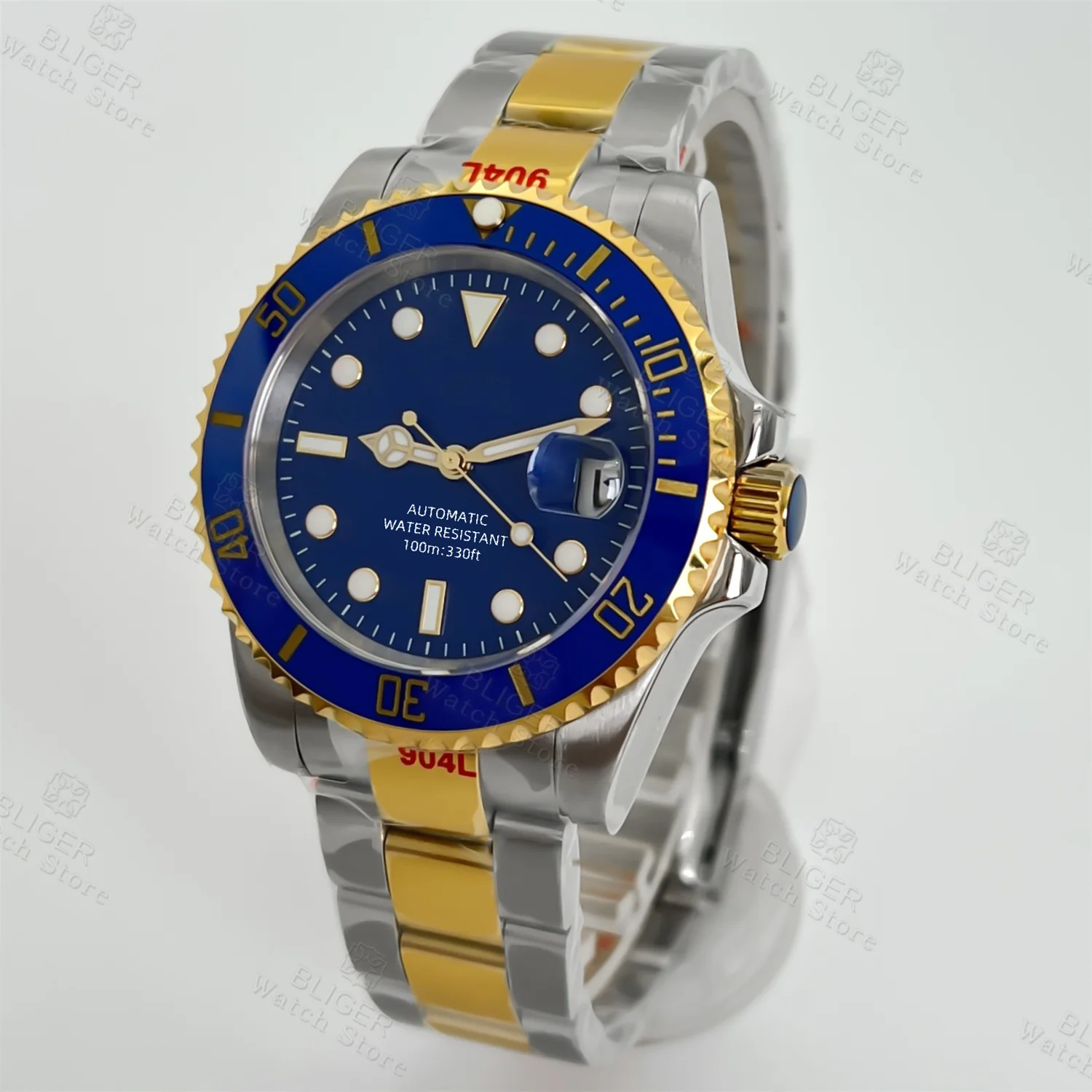 BLIGER 40mm NH35 Automatic Movement Men's Diver Watches Blue Dial Sapphire Glass Ceramic Bezel Stainless Steel Silver Gold Strap