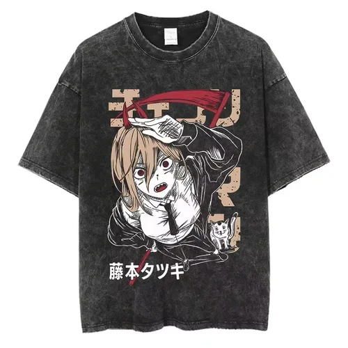Imagen 2 del producto Motosierra hombre Anime Vintage lavado algodón 2D camiseta hombres mujeres Harajuku Camiseta de manga corta de gran tamaño ropa de calle moda Unisex