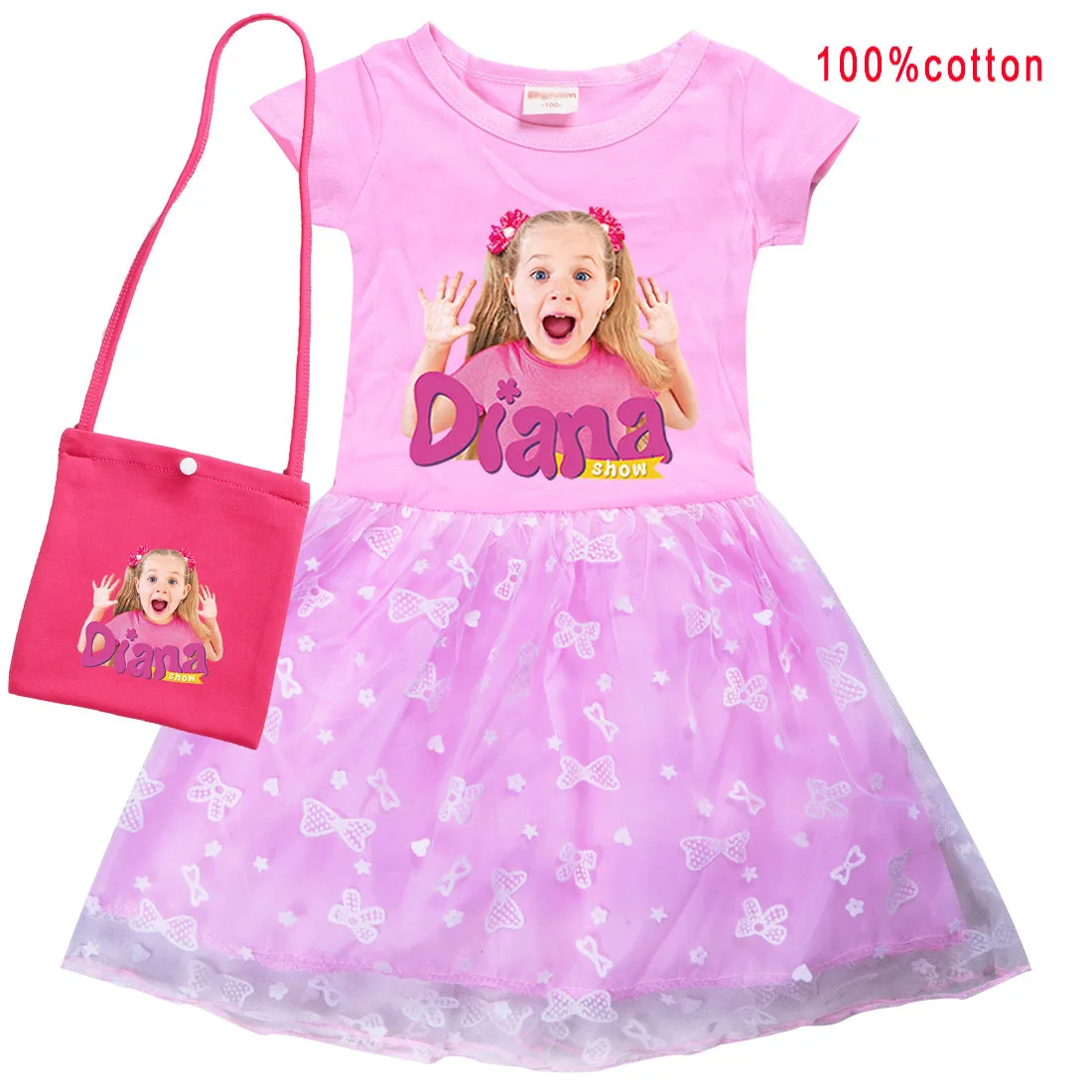 Kids Diana and Roma Show Clothes Baby Girls Casual Dresses Children Halloween Carnival Cosplay Costume Short Sleeve Dress & Bag