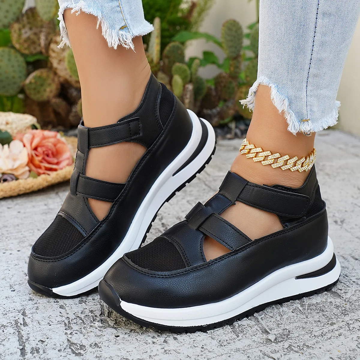 Women's oversized hollowed out casual sandals with thin mesh and thick sole for increased comfort in summer
