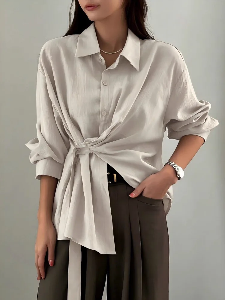 

2025 New Autumn Fashion Women Turn-down Collar Full Sleeves Asymmetrical Polyester Shirt