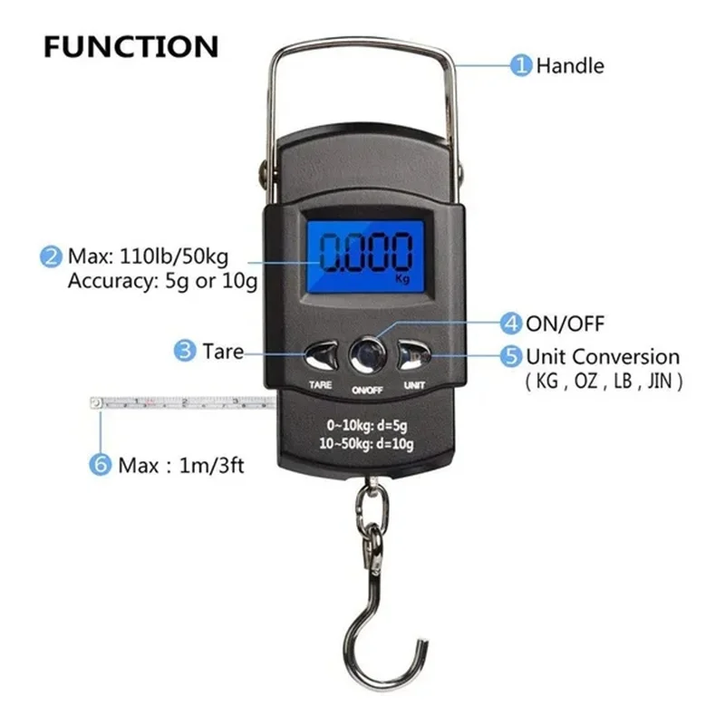 Imagem -03 - Escala de Bolso Pesando Equilíbrio Eletrônico Digital Fish Hook Pendurado Fita de Medição de Pesca Régua Mini Bagagem para Pesca 50kg