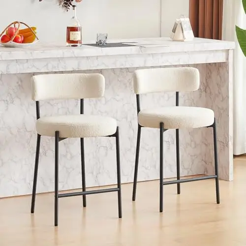 Furnilivng 24'' Bar Stools Set of 2, Modern Boucle Counter Height Bar Stools with Curved Back and Black Metal Frame