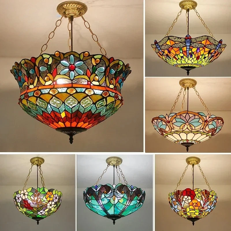 2025 Tiffany Stained Glass Lampshade Pendant Lights Vintage Hanging Lamp For Dining Room Kitchen Light Fixtures Home Art Decorat