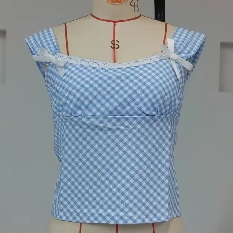 Sexy Dorothy Halloween Costume Women Blue Gingham Lace Corset Tank Top Y2k Coquette Halter Plaid Camisole Backless Shirt Tops