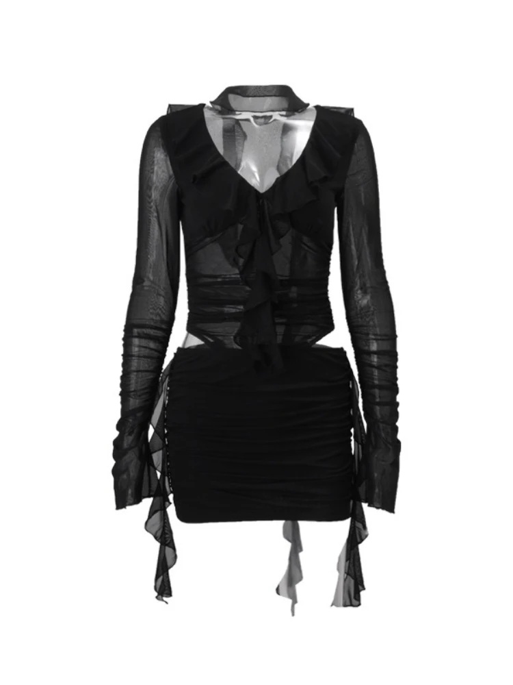 SsTss نساء موضة أسود فستان بكم طويل مثير كشكش تقليم انظر من خلال شبكة قطع الخصر أشرطة سليم فستان النادي الليلي الصغير