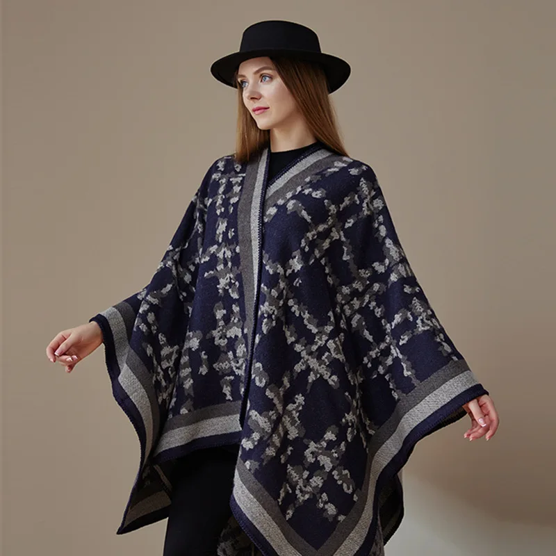 Long knitted shawl women, thickened for winter, with a slit design, a versatile cape that can be worn as an outer layer