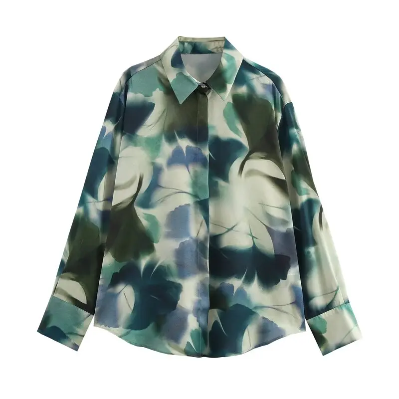 

Spring 2025 Women's Faion Print Silk Satin Long Sve irt Turn-down Collar Loose Fit Regular Length Premium Quali Top