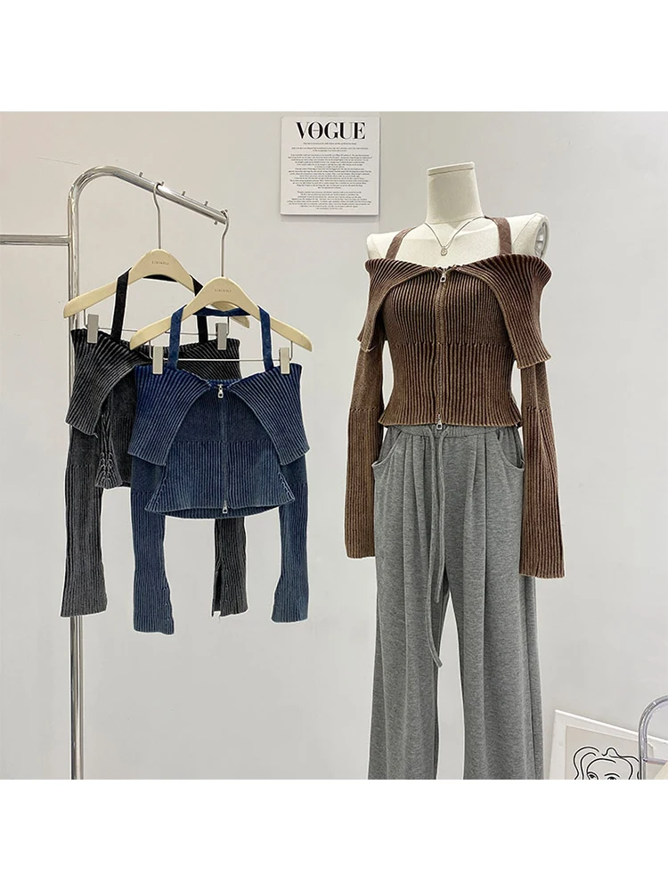 Autumn Women Korean Fashion Design Gyaru 2000s Aesthetic Halter Top Slash Neck Coquette Solid Color Full Zip Crop Top Cute Tide