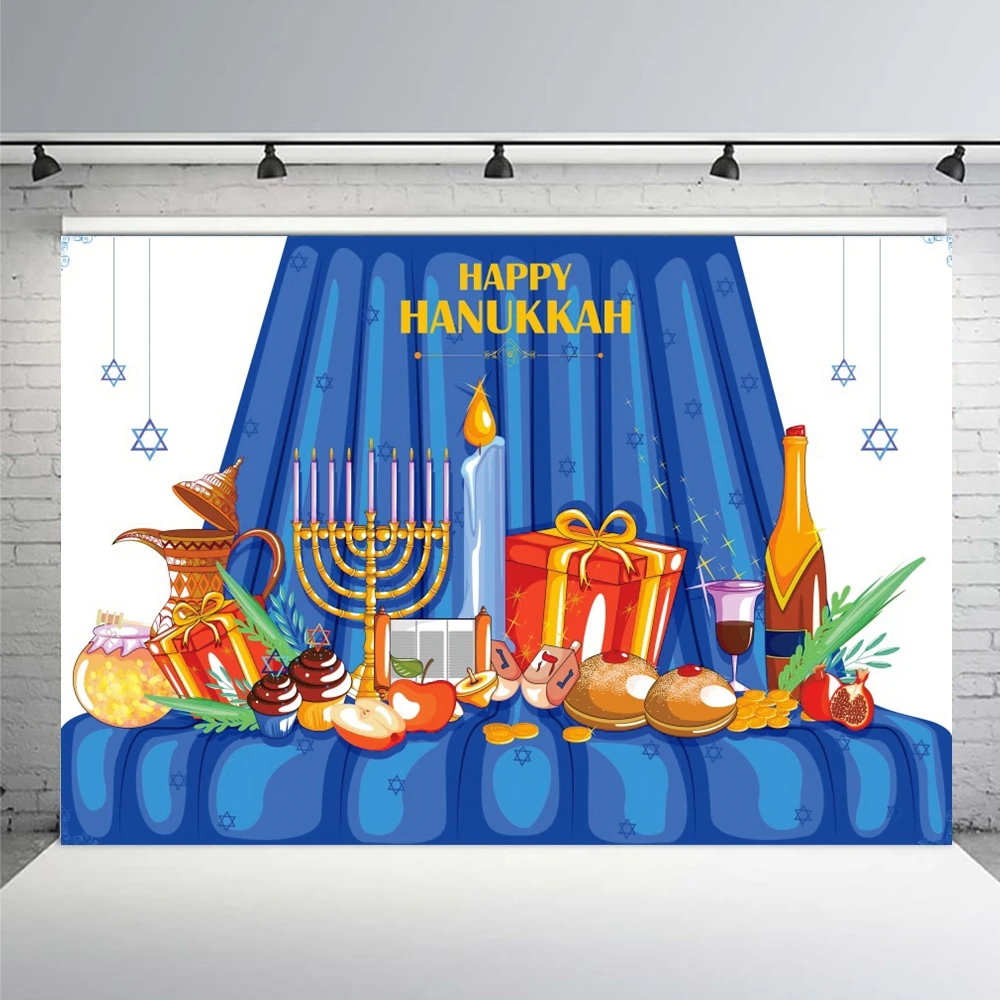 Happy Hanukkah Backdrop for Jewish Chanukah Party Nine Candle Holders Dreidel נ、ג、ה、ש  Gelt Bread Photography Background Studio