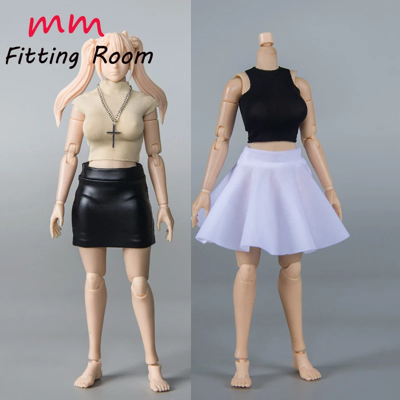 Falda plisada femenina a escala 1/12, falda de cuero, chaleco ajustado, ropa modelo para figura de acción TBLeague de 6 pulgadas, cuerpo T01 T03