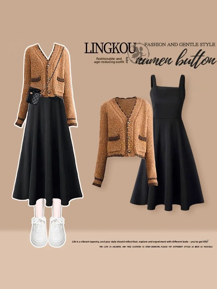 Elegant Autumn Knitted Set V-Neck Wrap Waist Slimming Strap Dress Two-Piece Women's Fashion Casual A-Line Skirt Long Sleeve