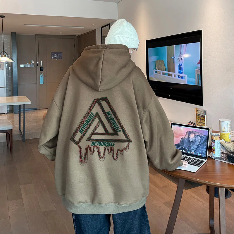 Heavyweight Cotton Men's Sweater Autumn New Loose Versatile Print Hooded Underlay Fashion Brand Handsome  Coat