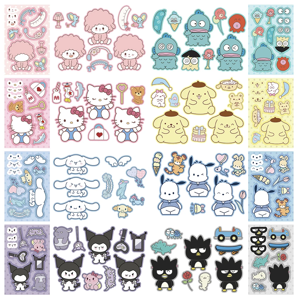 Autocollants Sanurgente Puzzle pour enfants, faire un visage, assembler un puzzle, mignon, Kuromi, Hello Kitty, décalcomanies, cadeau de fête d'anniversaire pour enfants, 8 feuilles, 16 feuilles