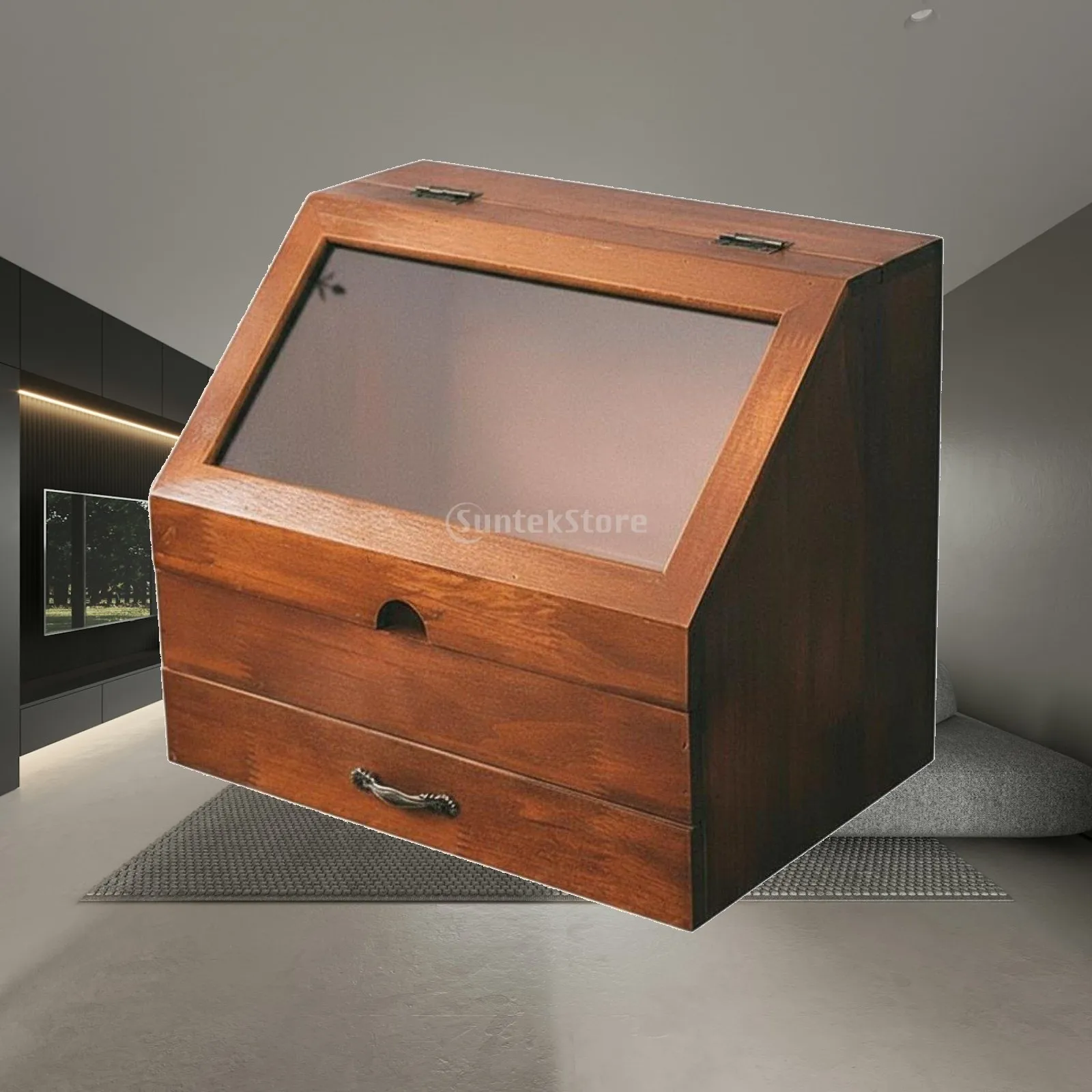 Wooden Storage Box with Drawer Solid Wood Countertop Vanity Storage Box Large Capacity Cosmetic Display Case with Lid for