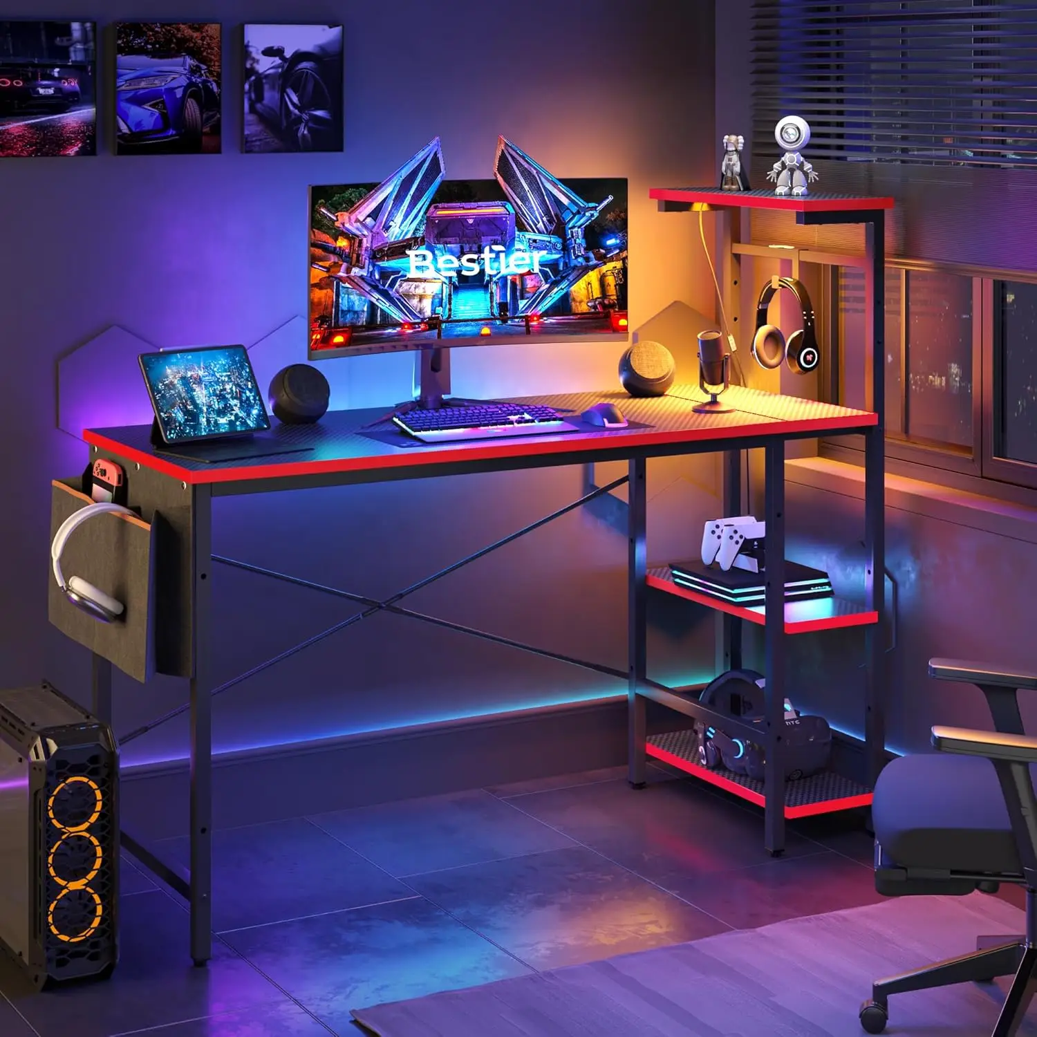 

Gaming Desk With Led Lights, 51.3 H Computer Desk With 4 Tiers Reversible Shelves, Gamer Desk With Side Storage Bag, Hooks And
