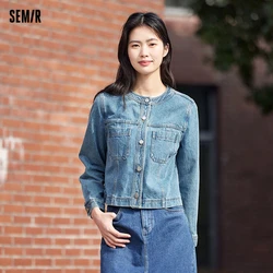 Semir 여성용 데님 재킷, 짧은 스타일, 작고 키가 큰 용수철, 레트로 라운드 넥 재킷, 캐쥬얼 및 다목적 코트, 2024