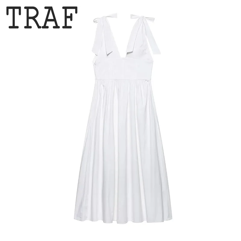 TRAF Solid V-neck Midi Dress Bow Lace Up Sleeveless Long Dresses For Women 2025 Spring New Women Temperament Evening Dresses