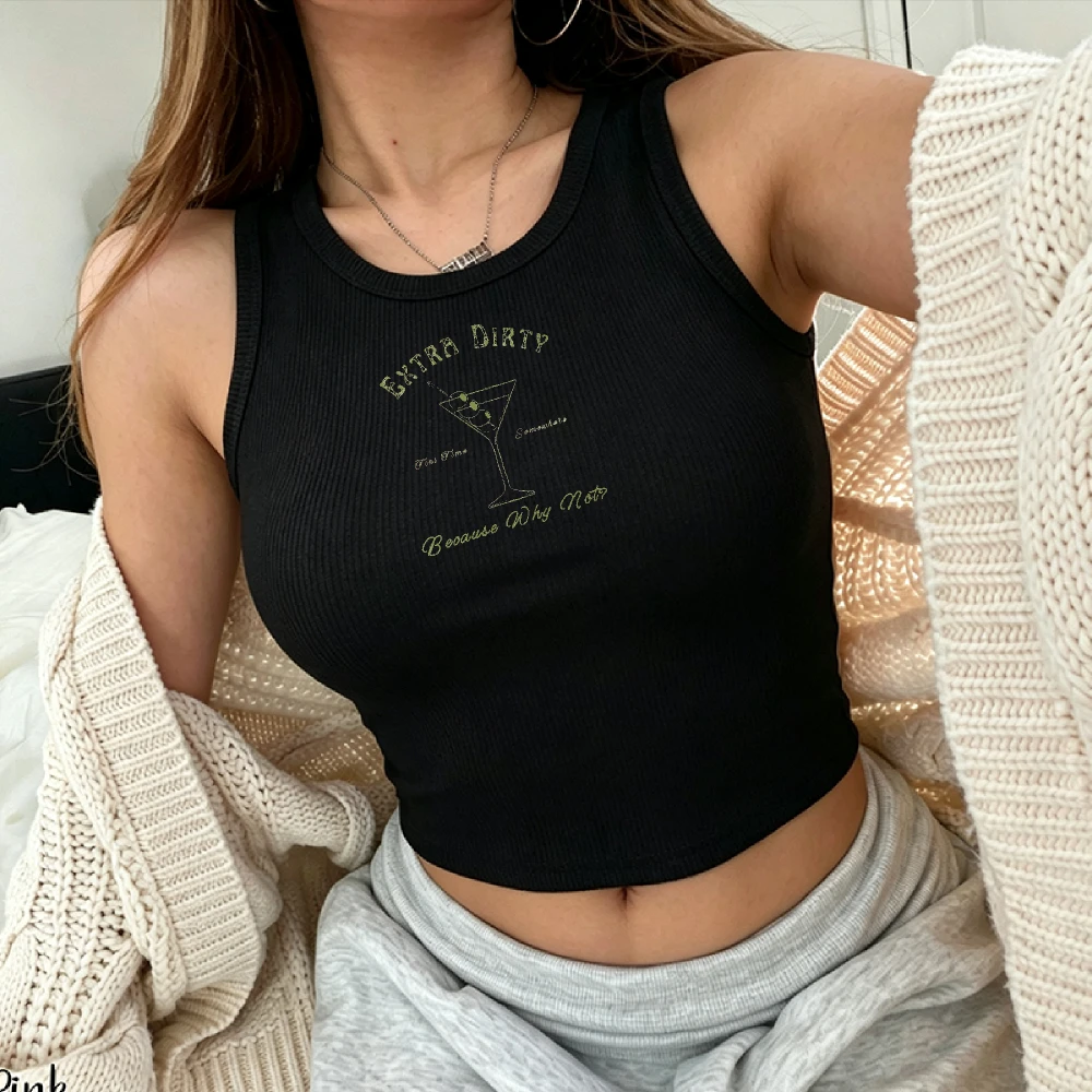 Extra Dirty Martini Cocktail Glass Worn Vintage Script Print Camisole Ribbed Tank Top Crop Y2K Top Ladies Cropped Slim Vest Tops
