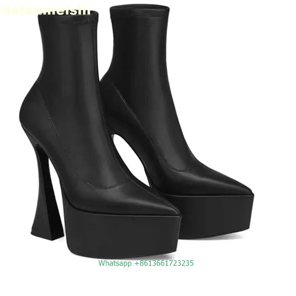 

Black Genuine Leather Pointed Toe Boots 2025 Winter Women Sexy Boots Platform Strange Style Heel Slip On High Heel Ankle Boots