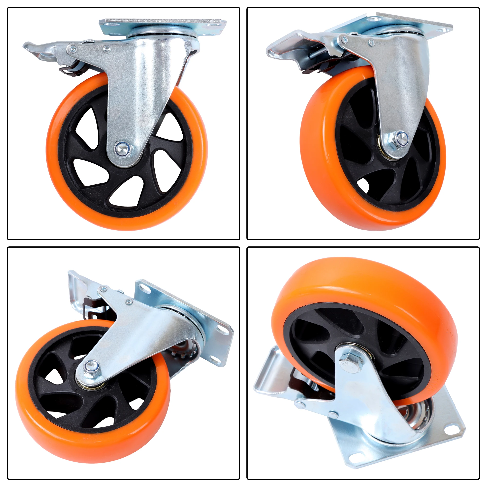 5 Inch Caster Wheels 4 Pack Heavy Duty Wheels with Brake Orange Color for Moving Furniture Shelves Workstations Material Handling Trucks view 5