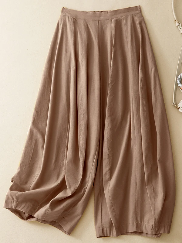 

Casual High Waist Wide Leg Cotton Linen Loose Fit Women's Summer Shorts Lantern Pants Design Pressed Pleats Slimming Effect