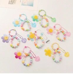 Creative Candy Color Keyring Smiling Face Sun Flower Airpods Keyfob Pendant Women Mobile Phone Shell Beads Pendant Keychain